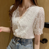 V-Neck Lace Hollow Out Retro Shirt